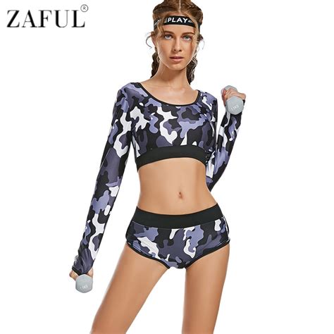 zaful women yoga sets fitness camouflage long sleeve crop top and briefs workout sports gym
