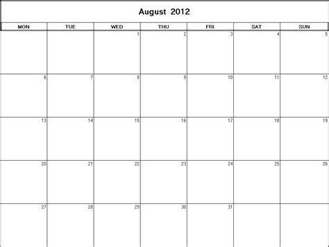 August 2012 Printable Blank Calendar