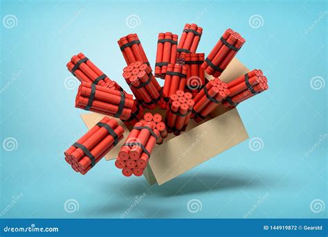 3d Rendering Of Cardboard Box Full Of Dynamite Bundles In Mid Air On