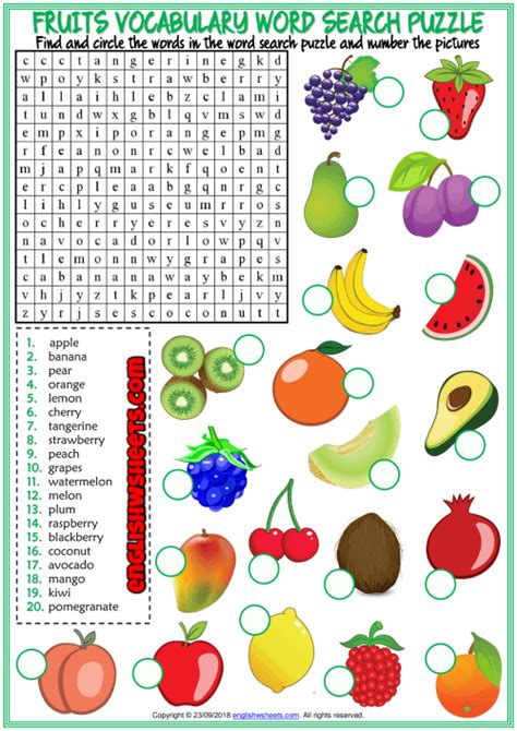 Fruits Word Search Puzzle Esl Printable Worksheet For Kids Worksheets