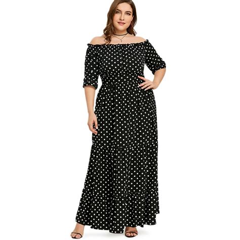 Wipalo Plus Size Off The Shoulder Maxi Dress Women Sexy Dot Print Ankle