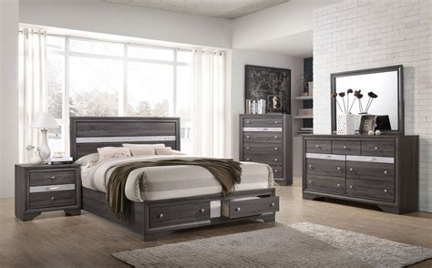 Textures and soft lavender color pops set the mood in this grey. Regata Grey Storage Bedroom Set | Urban Furniture Outlet