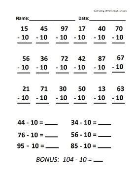 Learning of these two topics sets them ready for learning multiplication and division. Subtracting 10 from 2 digit numbers | Subtraction, 1st ...