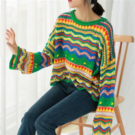 2018 Fashion Autumn Sweater Woman Colorful Stripe Loose Casual Knitted