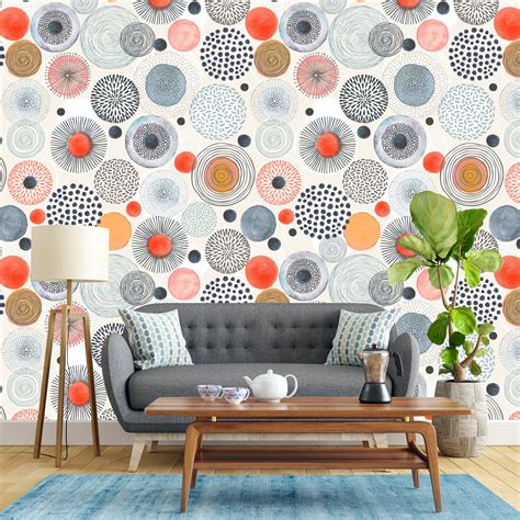 Removable Wallpaper Grey Orange Watercolor Circle Shapes Etsy