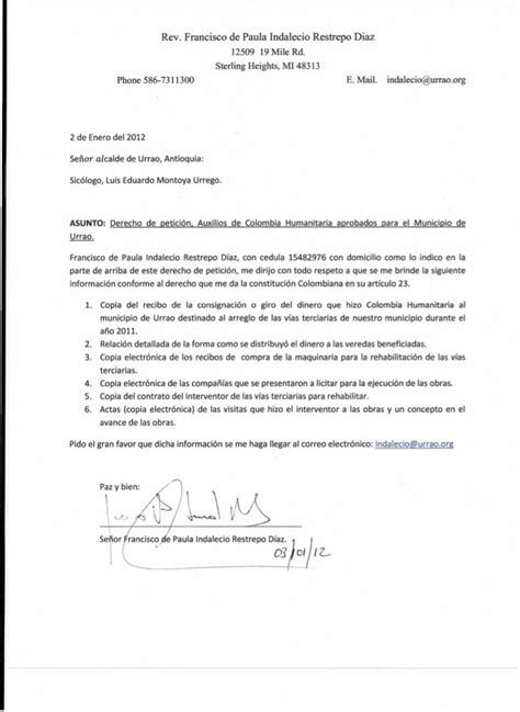 Solicitud De Información Al Alcalde De Urrao Ayudas De Colombia Huma