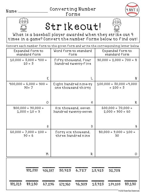 Converting Number Forms Worksheet Fourth Grade FREE - Baseball Themed
