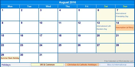 August 2016 Uk Calendar With Holidays For Printing Image Format