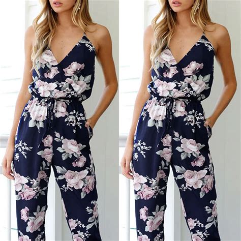 new trendy women clothes summer bodycon party backless flower print jumpsuit sleeveless