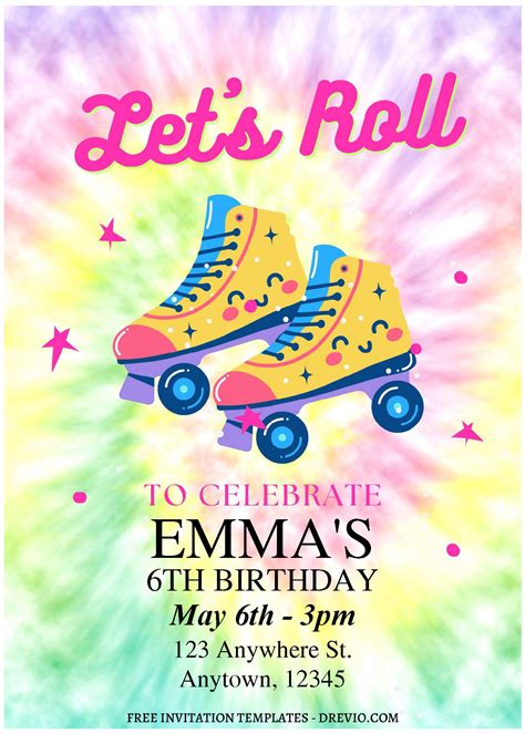 Free Editable Pdf Retro Tye Dye Roller Skate Birthday Invitation
