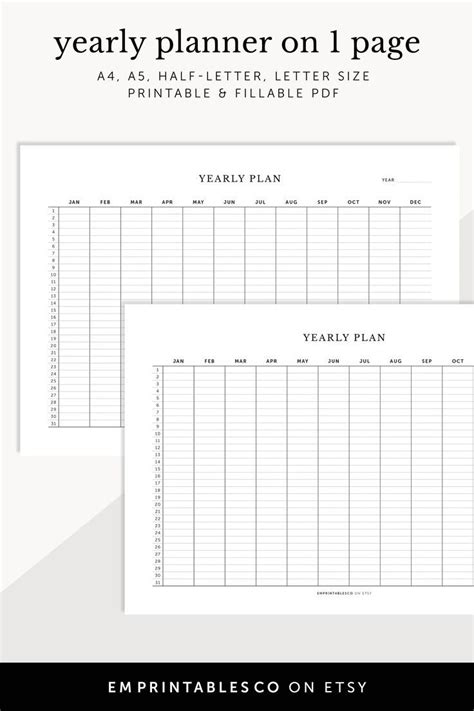 Yearly Planner On 1 Page Yearly Checklist Yearly Tracker Printable