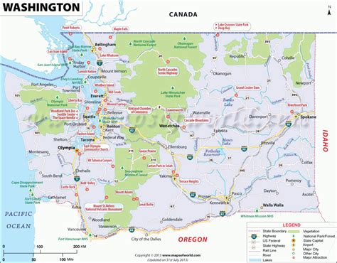Washington Map Showing The Major Travel Attractions Including Cities