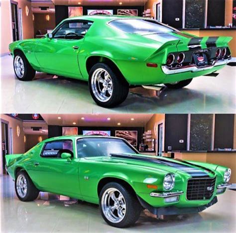 Two Pictures Of A Green Muscle Car