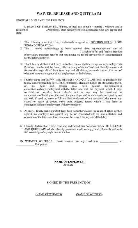 Waiver, Release and Quitclaim - WAIVER, RELEASE AND QUITCLAIM KNOW ALL