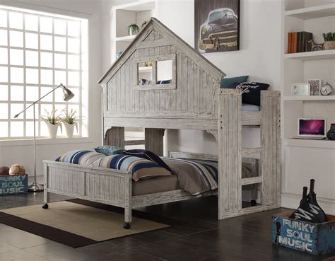Club House Low Loft Twin Bed With Full Caster Bed In Brushed Driftwood Finish