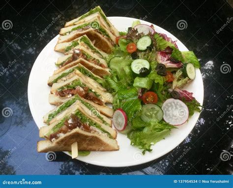 Club Sandwich Delight With Fresh Salad Top Stock Photo Image Of Bacon