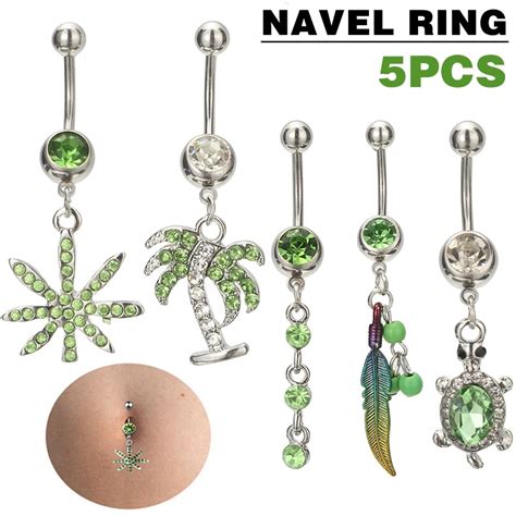 5pcs New Sexy Dangle Belly Bars Belly Button Ring Belly Piercing Green Crystal Leaf Turtle Body