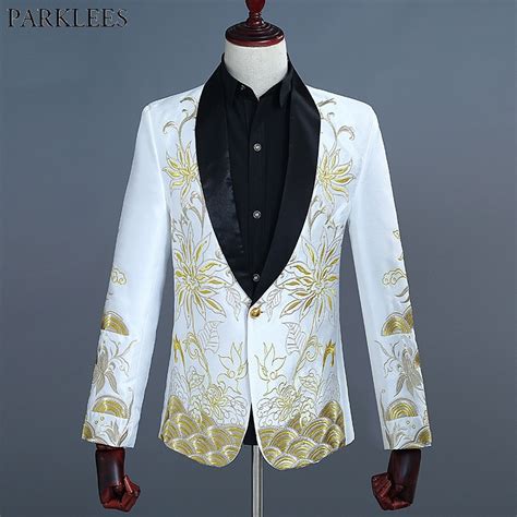 Mens Gold Embroidery White Blazer Jacket Men Wedding Groom One Button