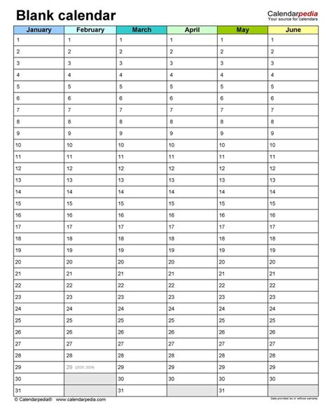 Calendar template full year one page