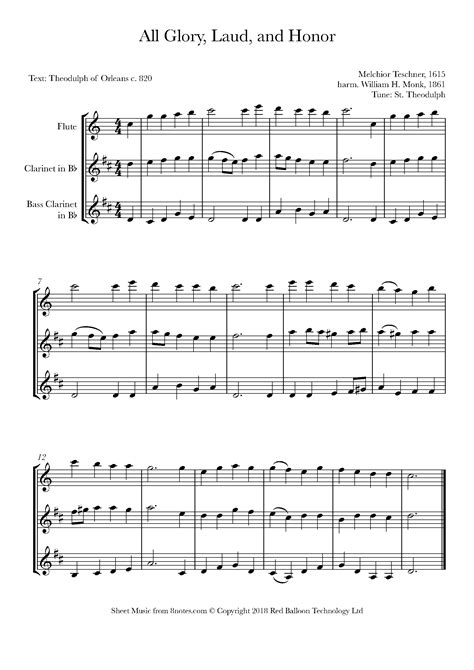 Teschner All Glory Laud And Honor Sheet Music For Flute Clarinet