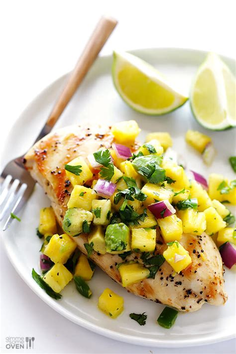Grilled chicken with avocado and tomato salsa. Grilled Chicken with Pineapple Avocado Salsa | Gimme Some Oven