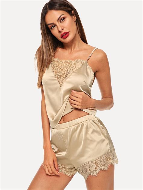 SHEIN Lace Trim Satin Cami Shorts Pajama Set Short Pajama Set