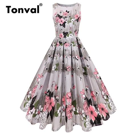 Tonval Gorgeous Floral Pleated Midi Dress Women 50s Retro Flower Dresses Female Summer Cotton