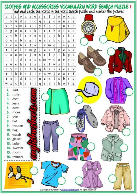 Clothes And Accessories Esl Word Search Puzzle Worksheets Fun Esl