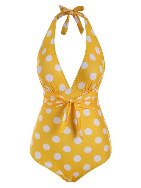 Off Polka Dot Tied Plunge Front Halter One Piece Swimsuit In