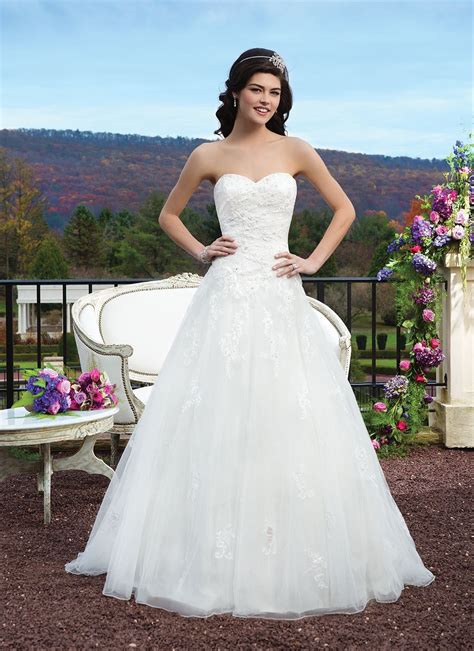 sincerity wedding dress style 3801 embroidered beaded lace gown featuring a sweetheart neckline