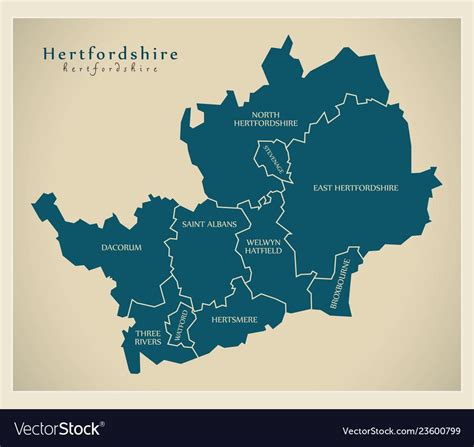 Modern Map Hertfordshire County With Labels Uk Illustration