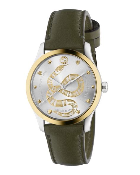 Gucci Mens 38mm G Timeless 2 Tone Snake Watch W Leather Strap