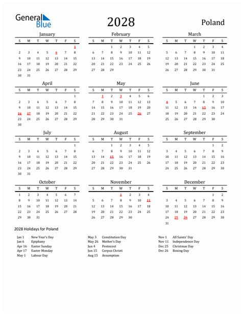 2028 Poland Calendar With Holidays