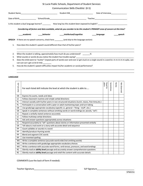 Communication Skills Checklist Template St Lucie Public Schools