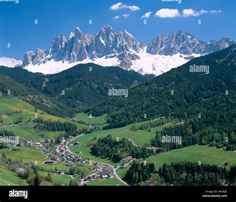 Dolomites Mountains And Village Villnoss Val Di Funes Trentino Italy