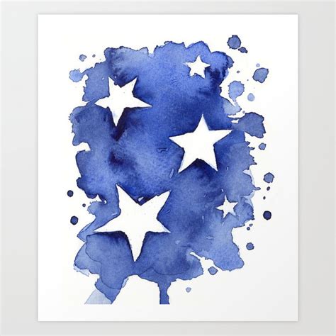 Stars Abstract Blue Watercolor Geometric Painting Art