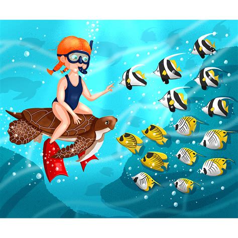 Sea Life Magazine Illustration Girl Snorkeling By Daria Solovyeva On
