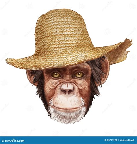 Ritratto Della Scimmia Con Il Cappello Di Paglia Illustrazione Di Stock Illustrazione Di