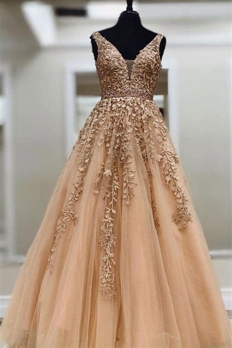Champagne Lace V Neck Tulle Long Prom Dress Tulle Evening Dress In
