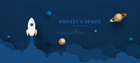Paper Art Style Of Rocket Flying Over The Earth Start Up