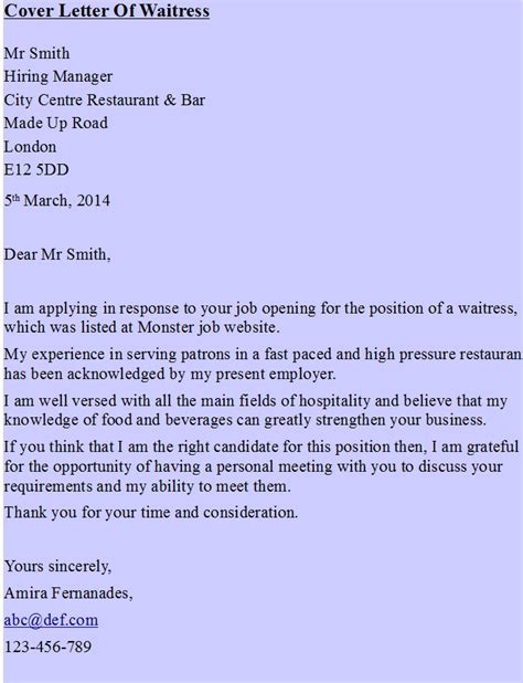 Waiter Resume Cover Letter Example