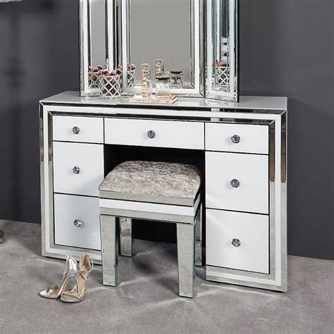 Madison White Glass 7 Drawer Mirrored Dressing Table In 2020 Dressing