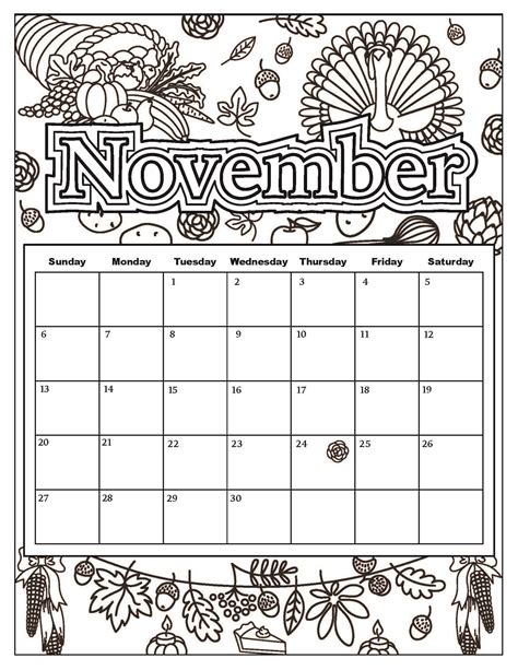 November Thanksgiving Calendar Coloring Sheets | Educative Printable