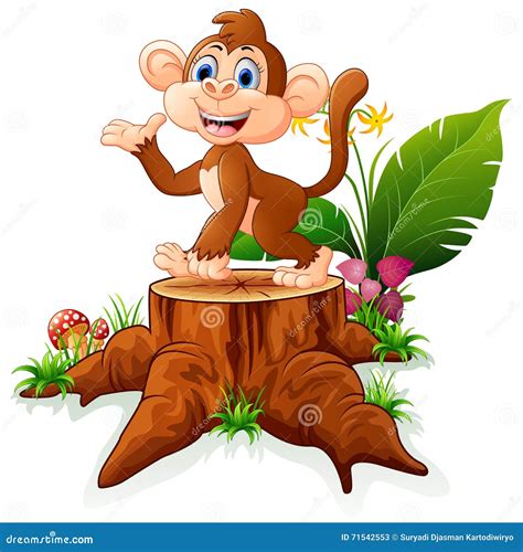 Cute Monkey Posing On Tree Stump Stock Vector Illustration Of Smile