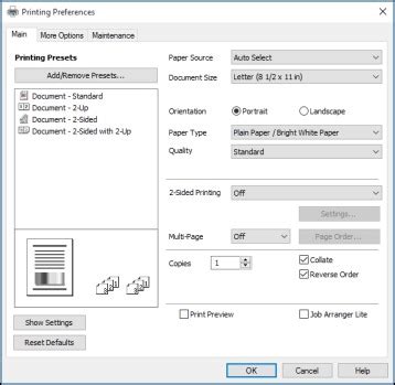 Selecting Basic Print Settings Epson Universal Print Driver Windows