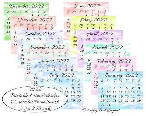 Printable Mini Calendar 2022 Pocket Or Purse Calendar Etsy