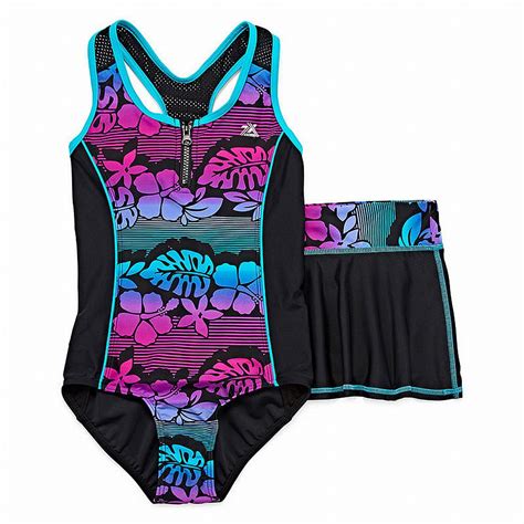 Zero Exposure Swimwear Girls Floral 2 Pc Swimsuit And Skirt 14 12