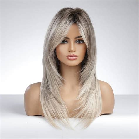Long Ombre Grey Blonde Wigs For Women Synthetic Layered Hair Wig With