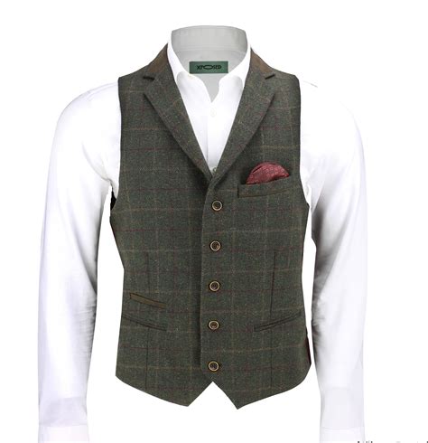 Mens Wool Mix Herringbone Tweed Check Vintage Collar Waistcoat Tailored