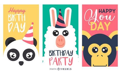 Happy Birthday Animals Cards Set Vector Download